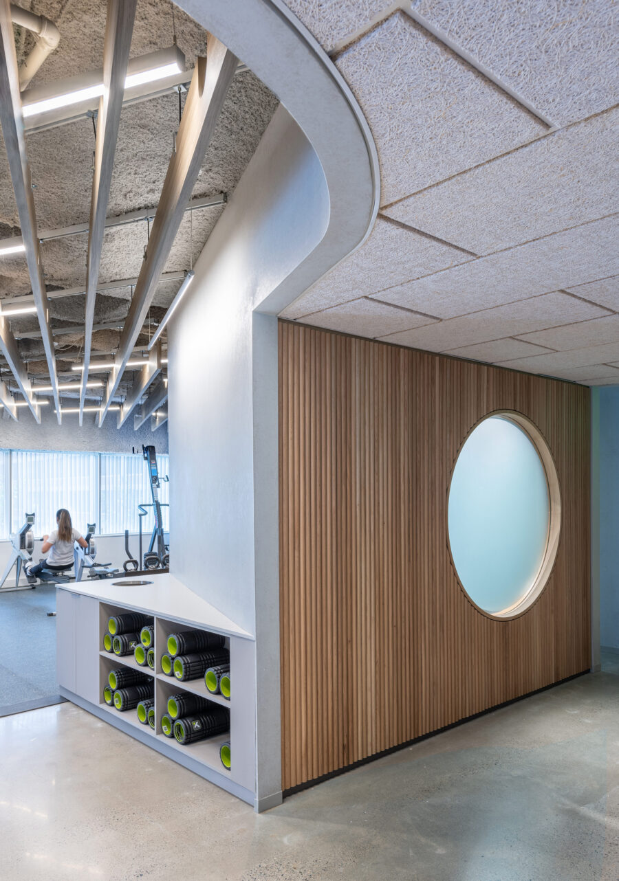 circle window ceiling slats tambour concrete