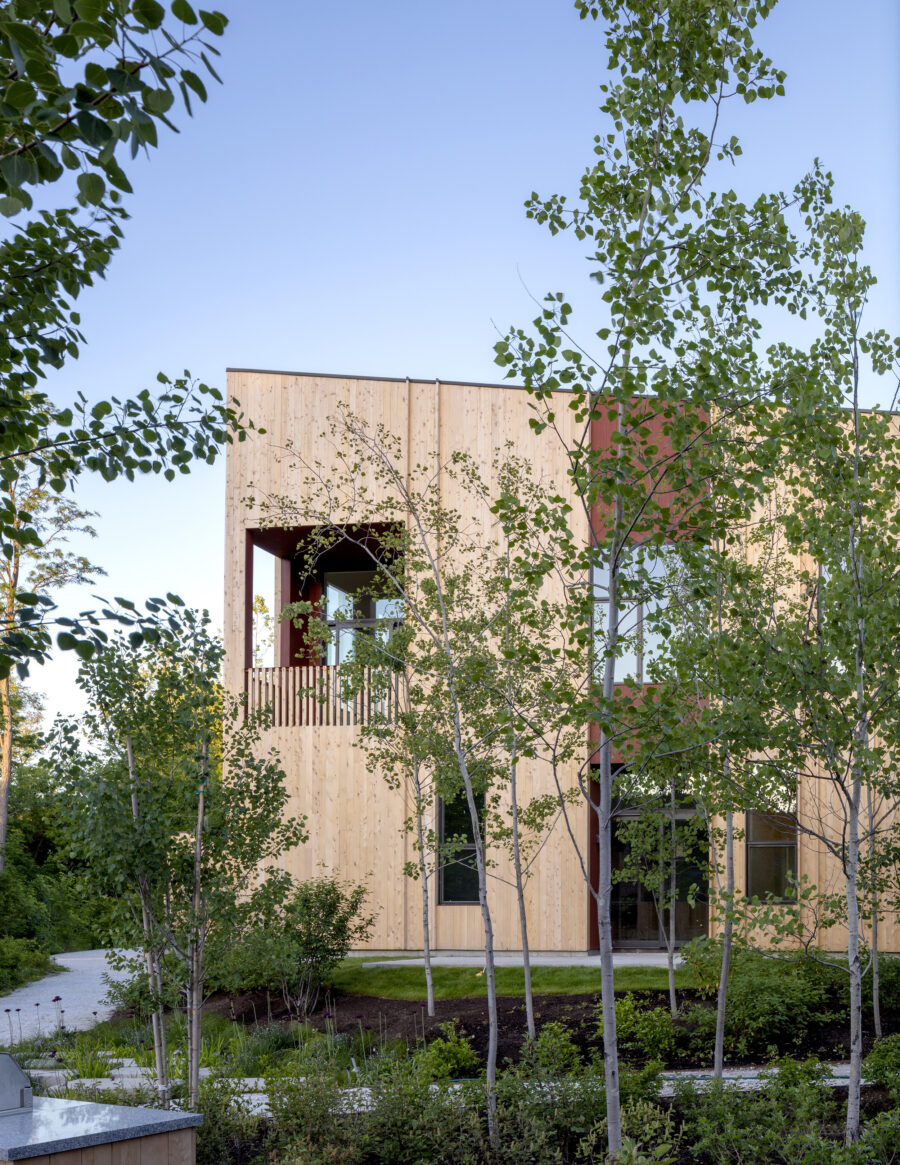 recessed patio through trees
