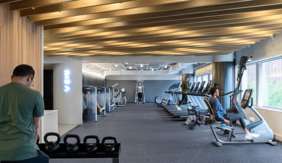 slat ceiling dappled light gym
