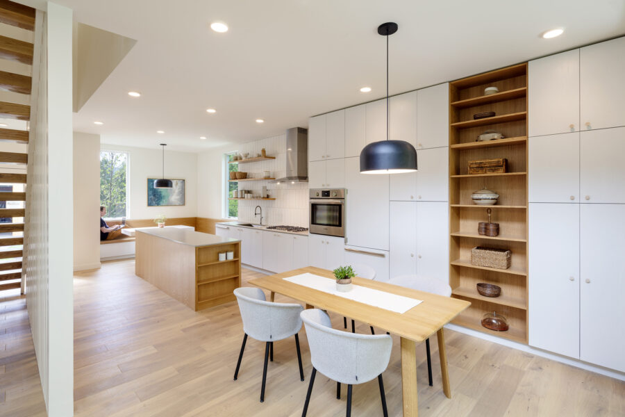 kitchen open shelving island open tread stair