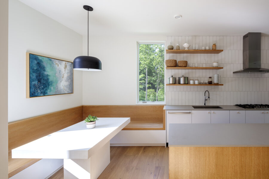breakfast nook kitchen open shelving