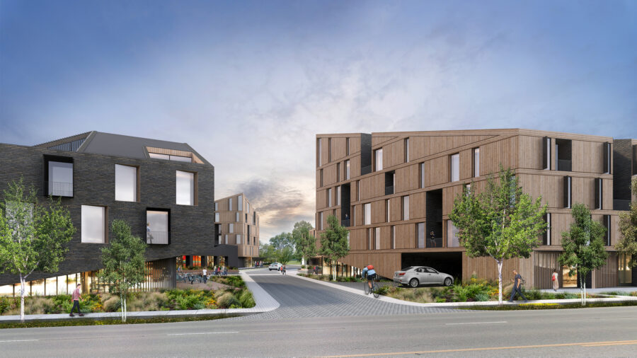 CLT brick and cedar site entry view