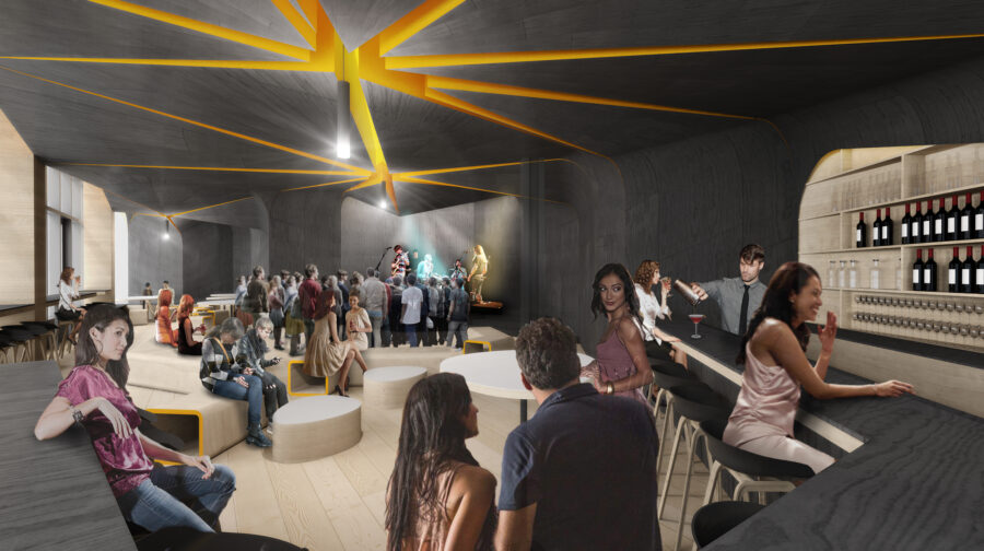 bar music venue charred wood fractured ceiling