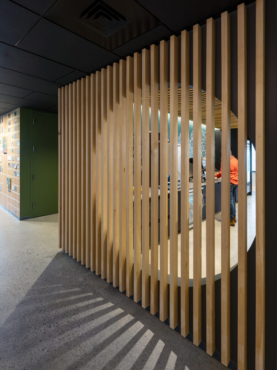 Micro kitchen wood slats circle window