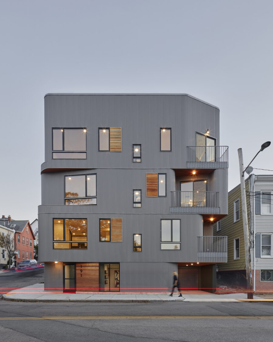 curved corrugated metal facade elevation view