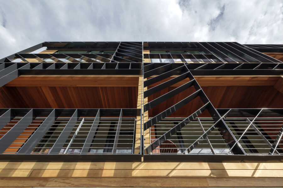 brise soleil facade steel cedar recessed balconies