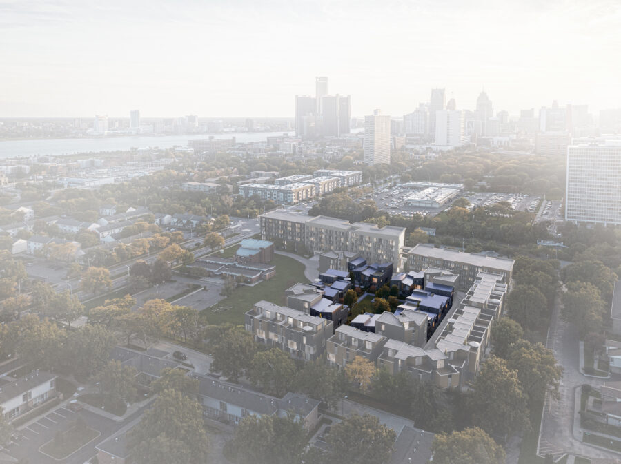 pitched roof townhouses aerial view central courtyard