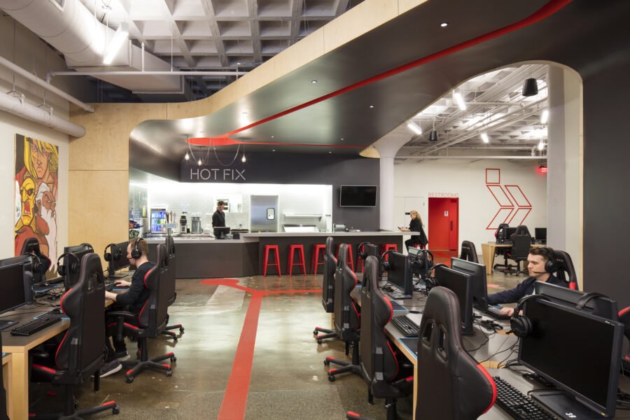 gaming cafe custom desks cafe floor graphic