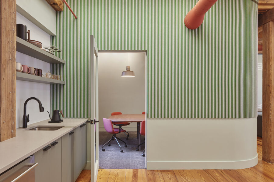 turf acoustic wall panels heavy timber kitchenette meeting room