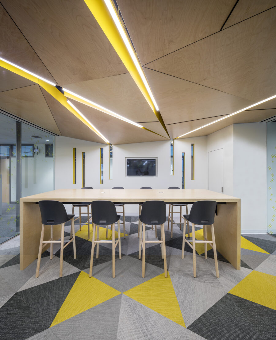 conference room fractured wood ceiling bolon