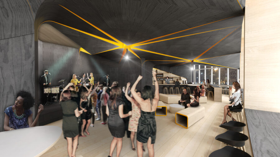 bar music venue charred wood fractured ceiling