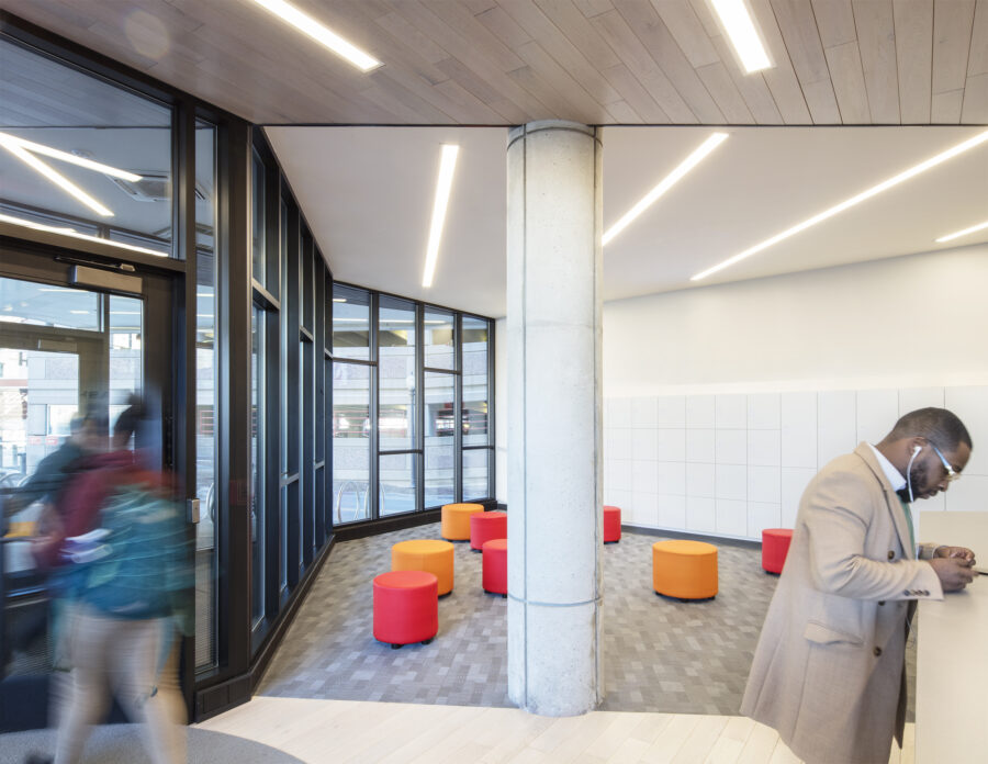 lobby linear lights light wood