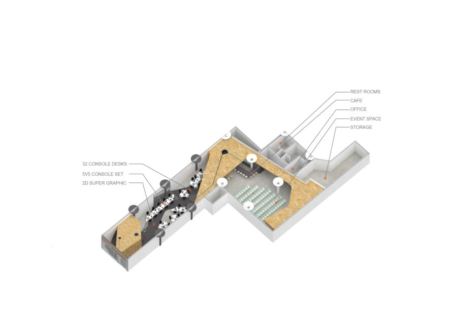 axon diagrams plywood pods gaming cafe
