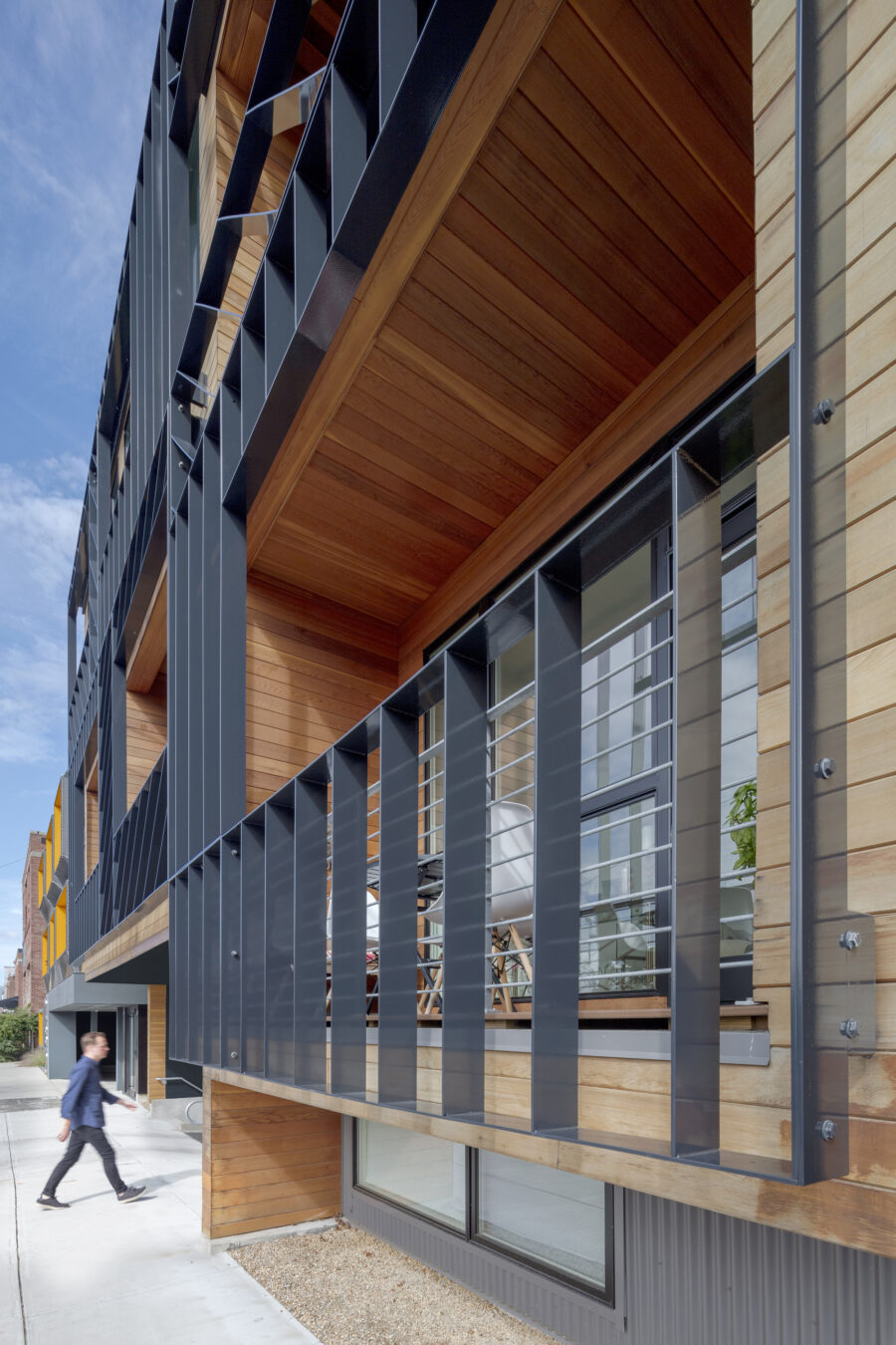 brise soleil facade steel cedar recessed balconies