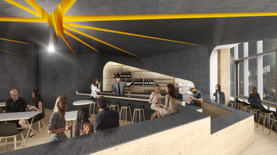 bar music venue charred wood fractured ceiling