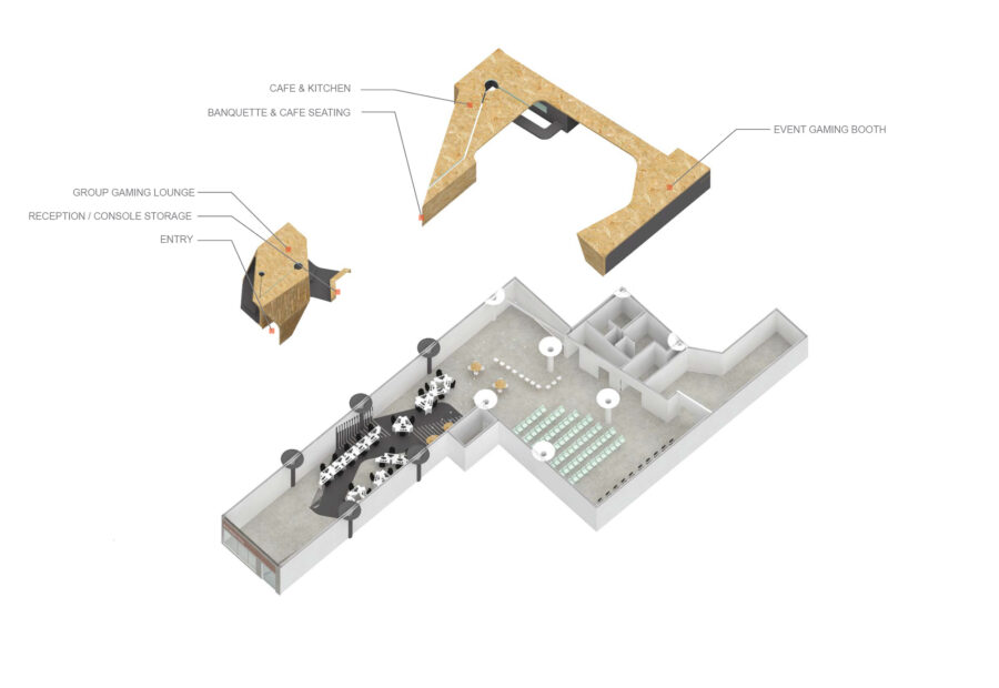 axon diagrams plywood pods gaming cafe