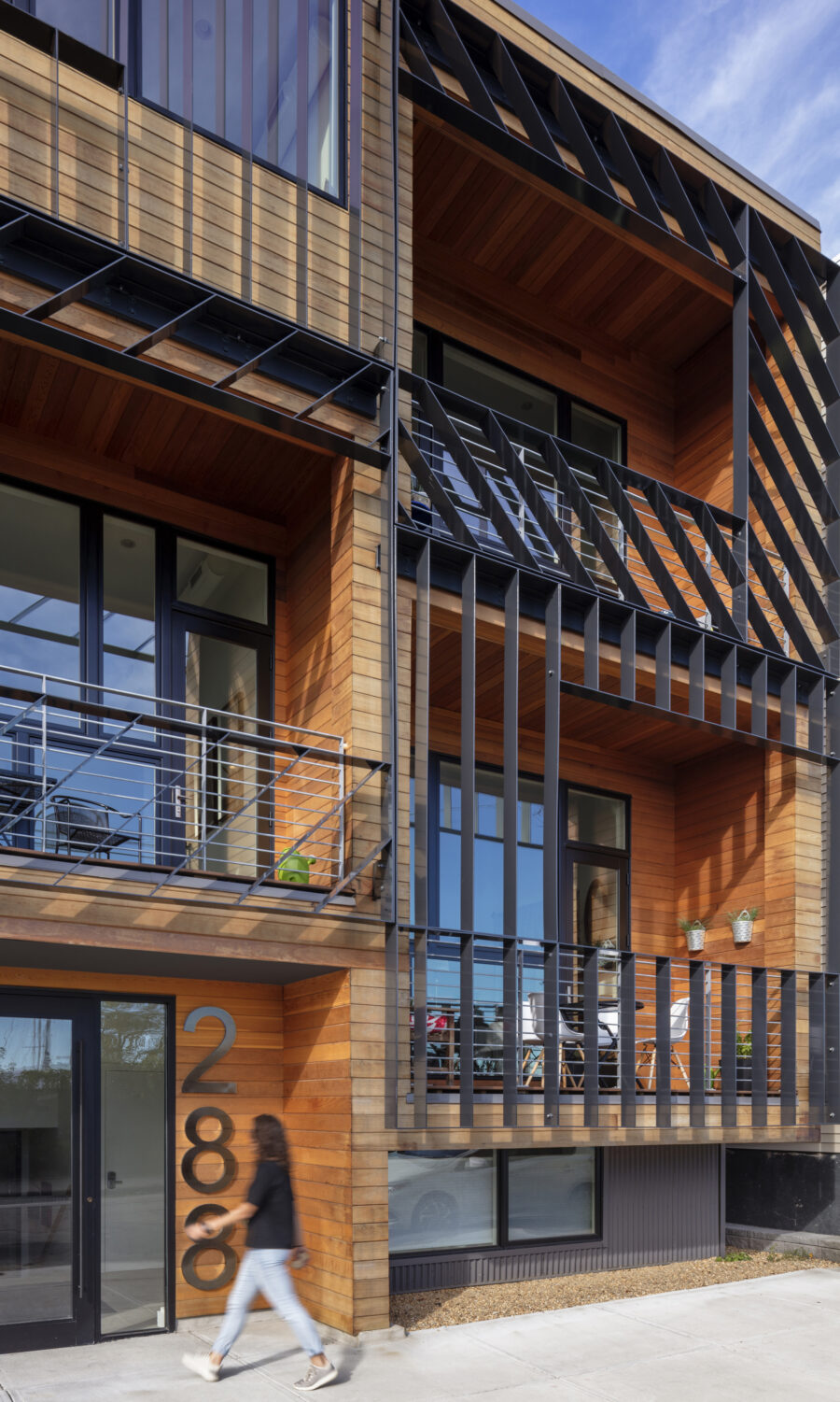 brise soleil facade steel cedar recessed balconies