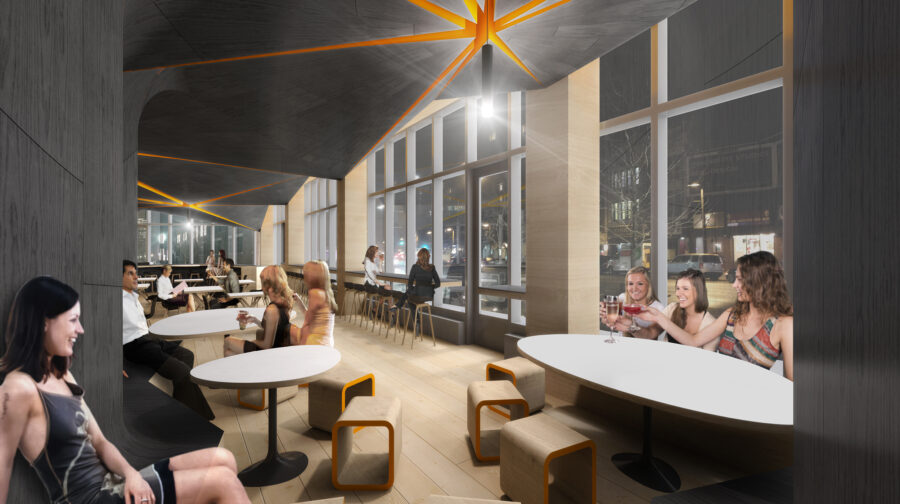 lounge charred wood fractured ceiling