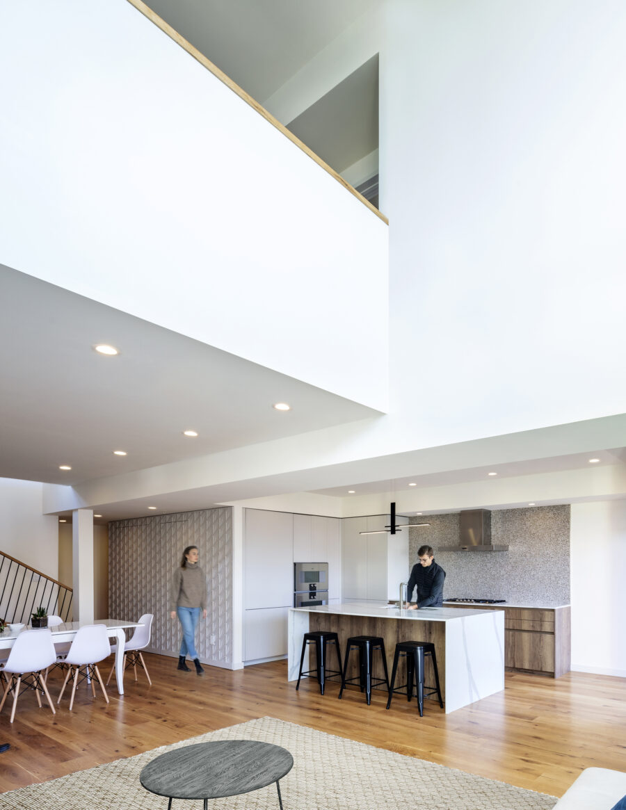 double height living room kitchen