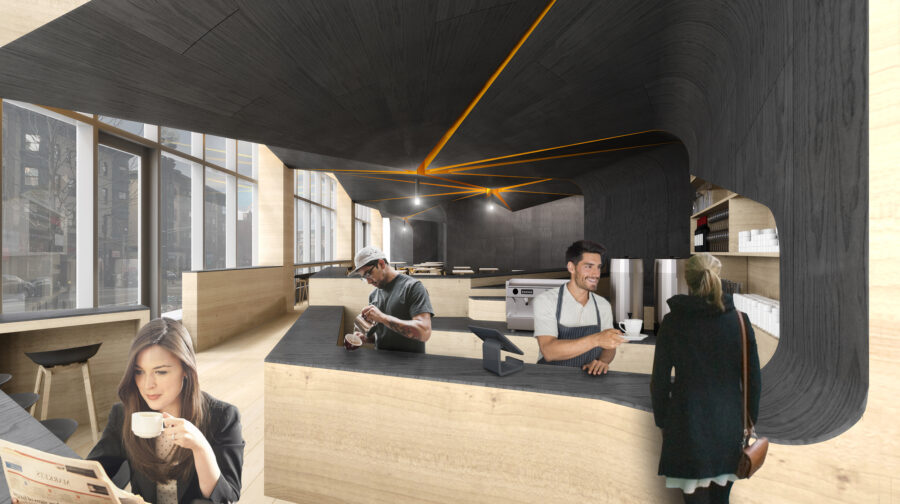 coffee shop charred wood fractured ceiling