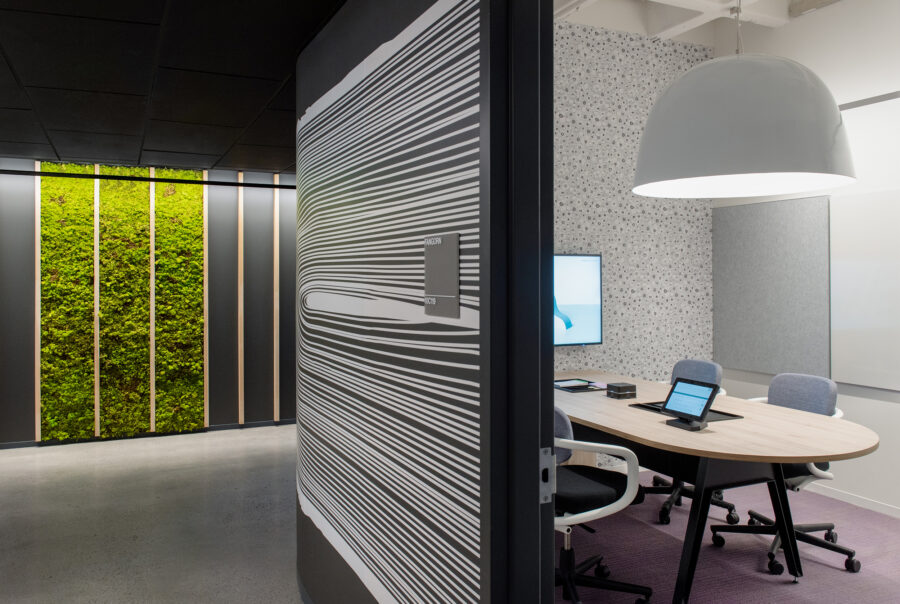 Wood slats moss wall wood rings graphic meeting room