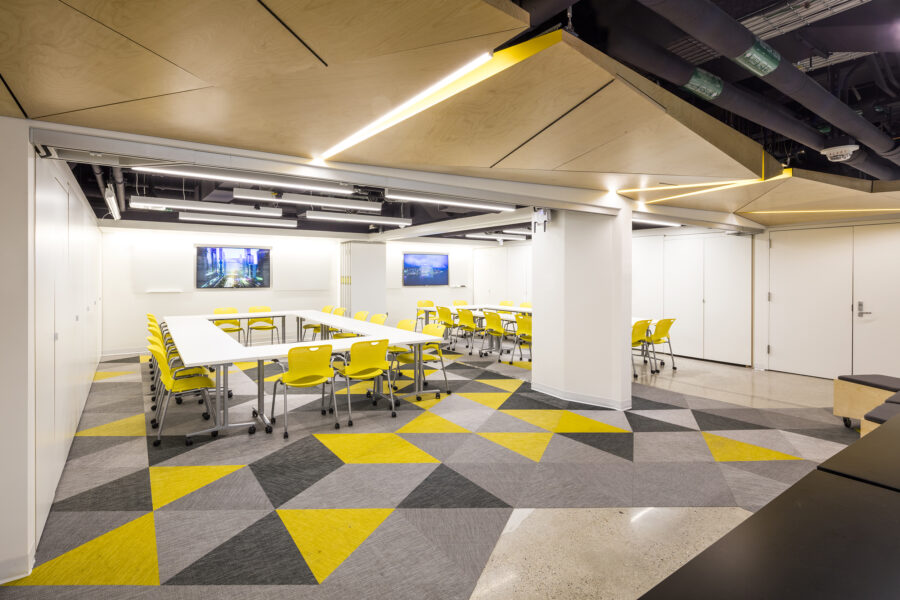 flexible meeting space fractured wood ceiling bolon flooring