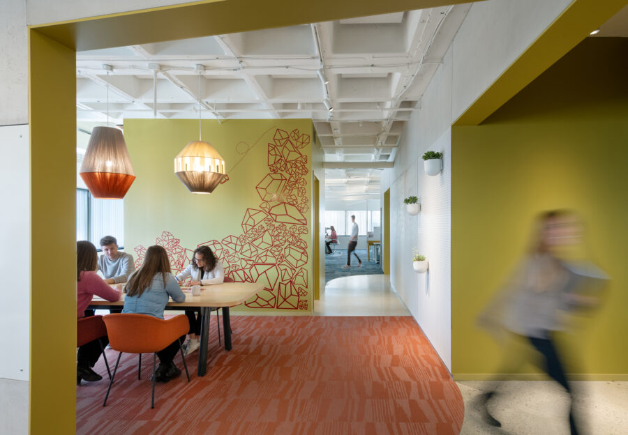 meeting space rock wall graphic hay pendant lights bolon