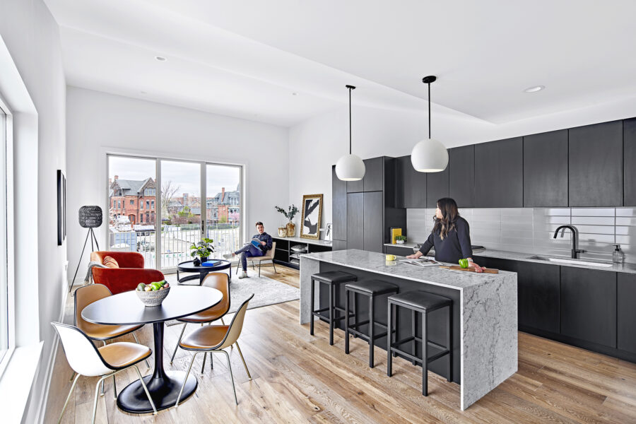 interior view kitchen living double height space
