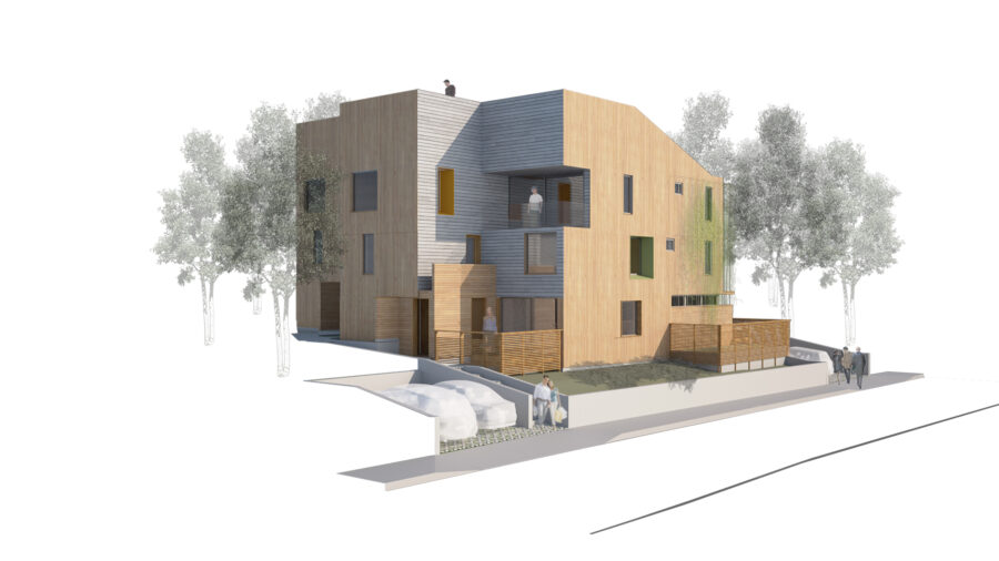 E+ townhomes exterior rendering cedar cladding