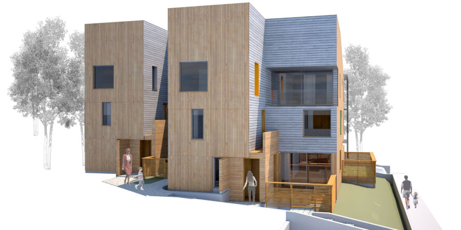 E+ townhomes exterior rendering cedar cladding