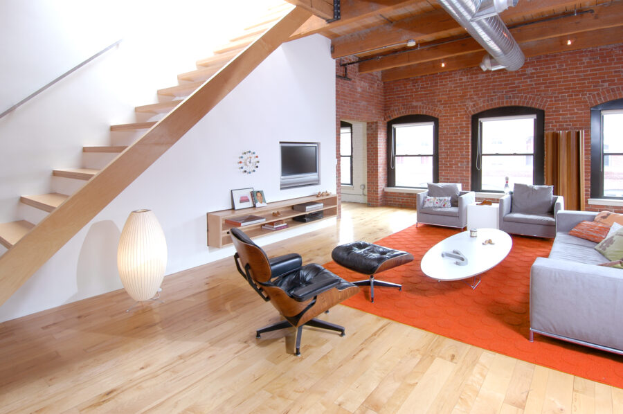 open riser stair exposed brick loft