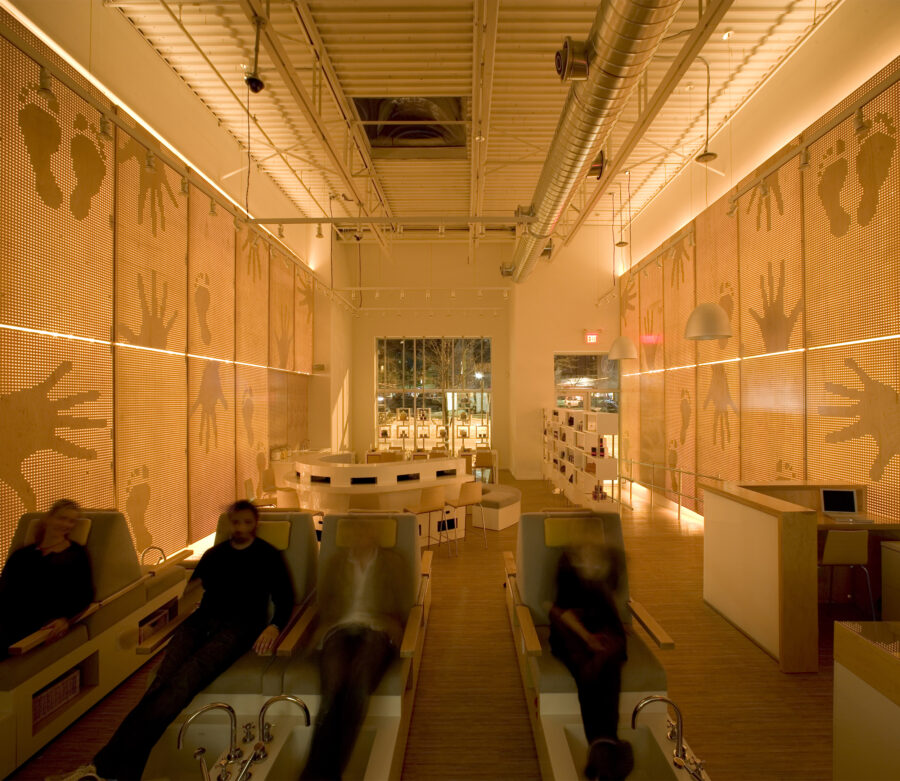 nail salon perforated wall panels night view