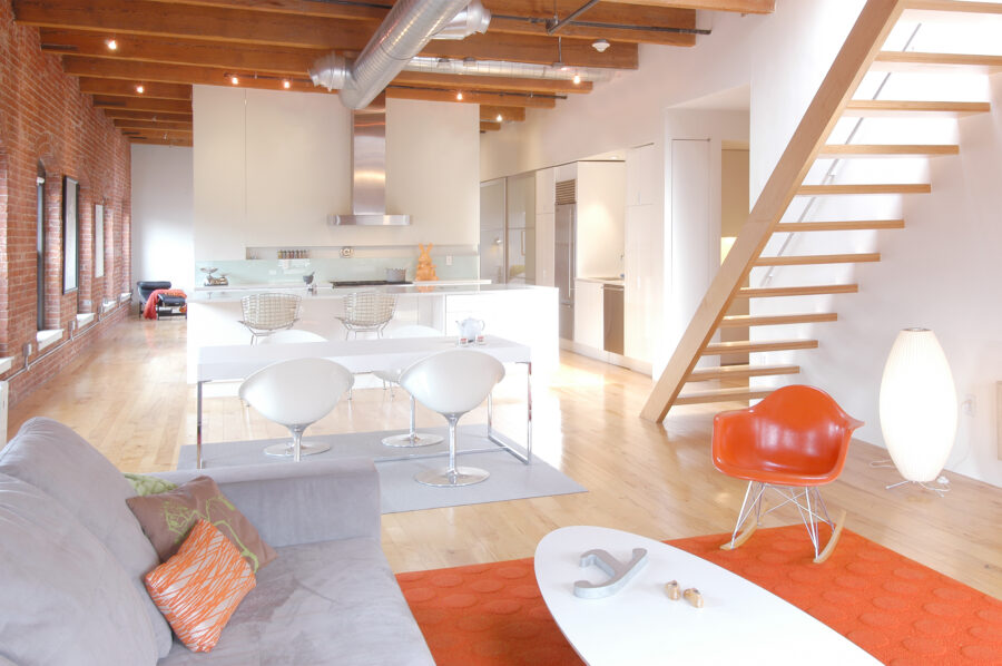 open riser stair exposed brick loft