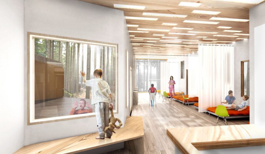 interior rendering infirmary wood slat ceiling