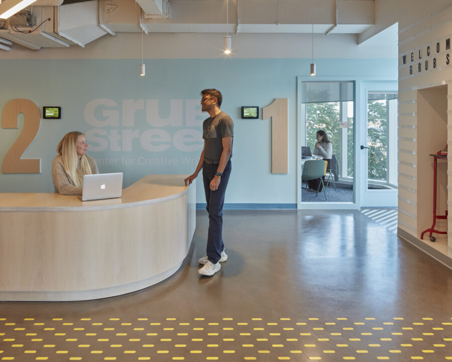 reception desk floor graphics plywood wayfinding