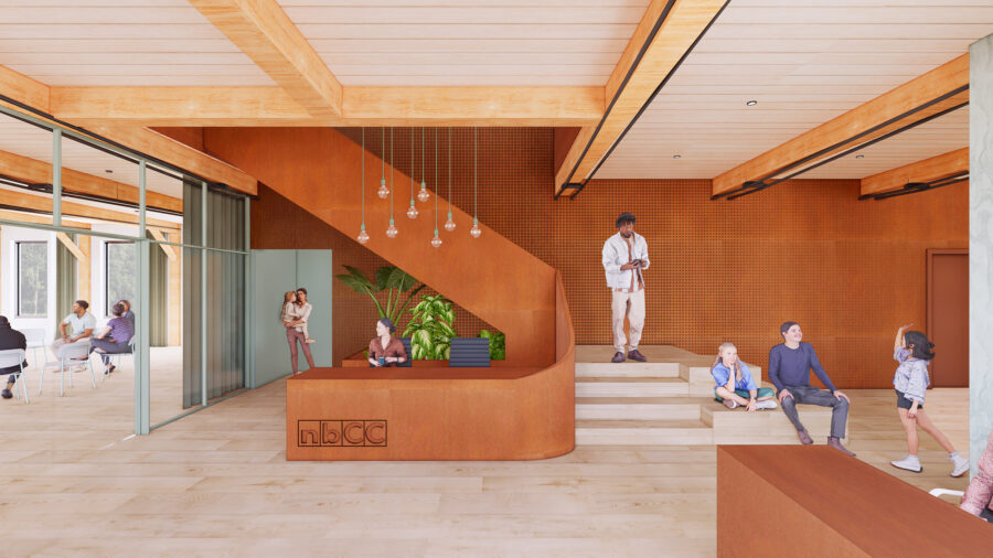 Reception and stair with existing heavy timber structure