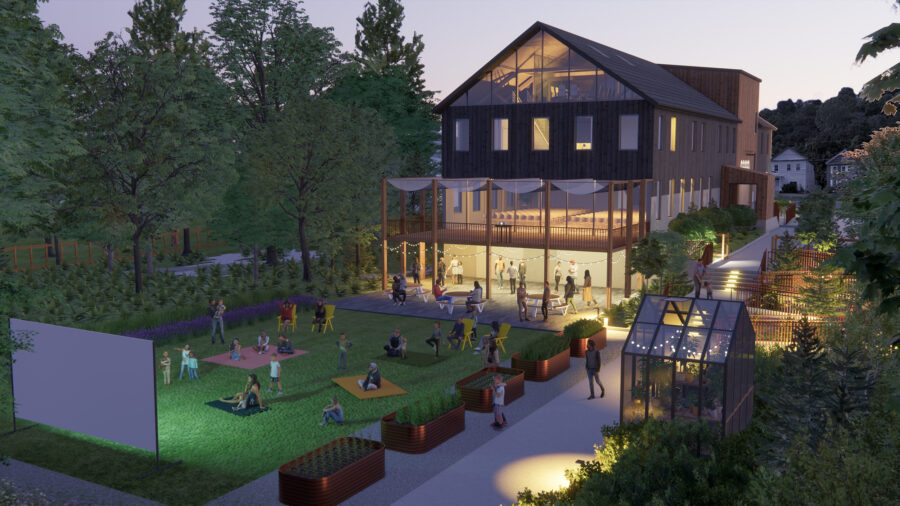 Outdoor community landscaped space at night