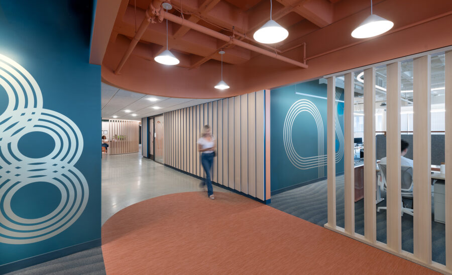Hallway with lapped wood panels and crop circle graphics