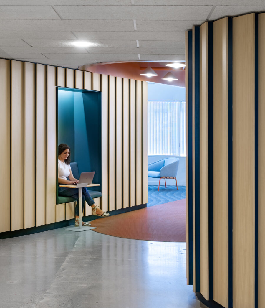 Lapped wood panels with seating nook