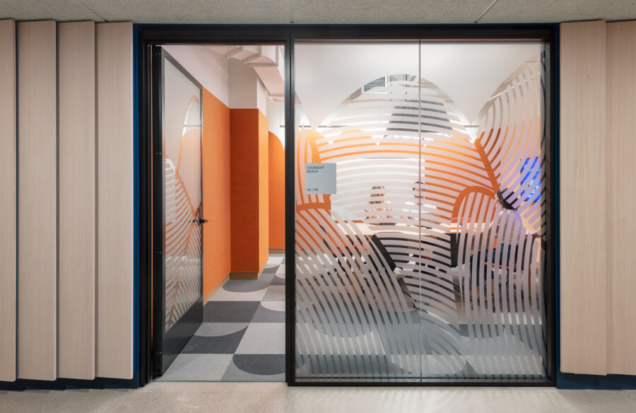 Meeting room with frosted glass graphics