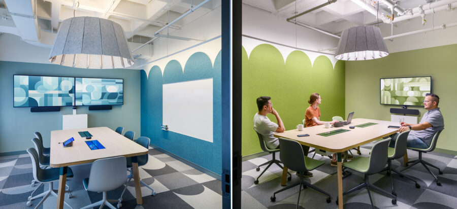 Meeting rooms with scalloped felt wall panels