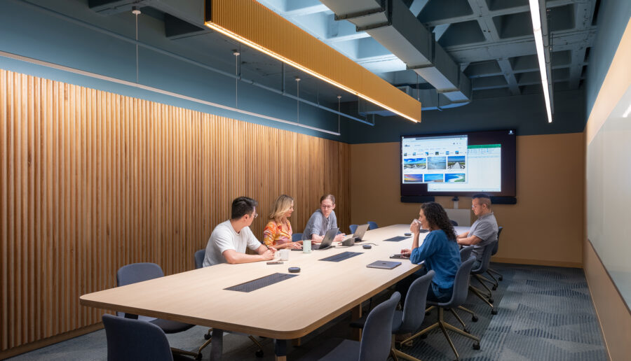 Meeting room with acoustic wood slats