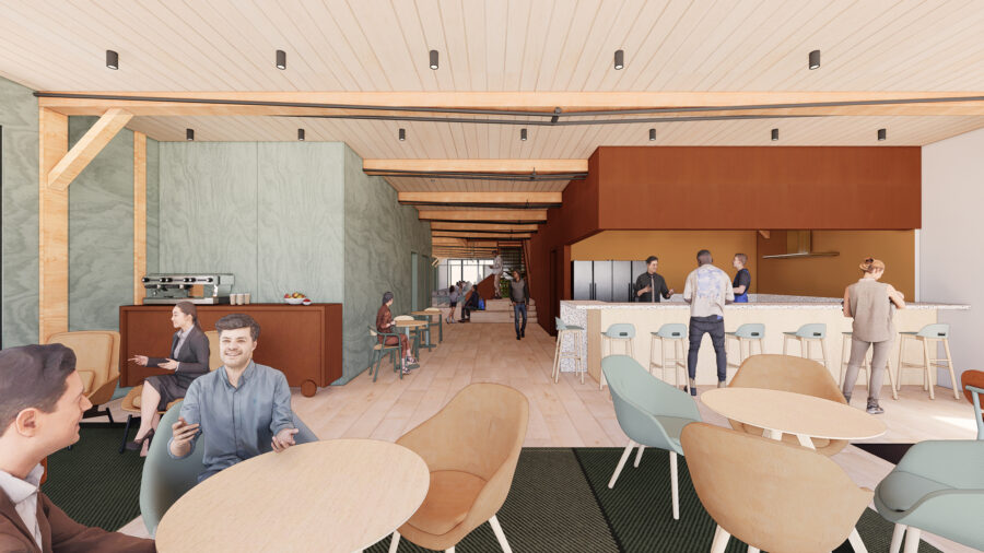 Lounge and kitchen space with existing heavy timber structure