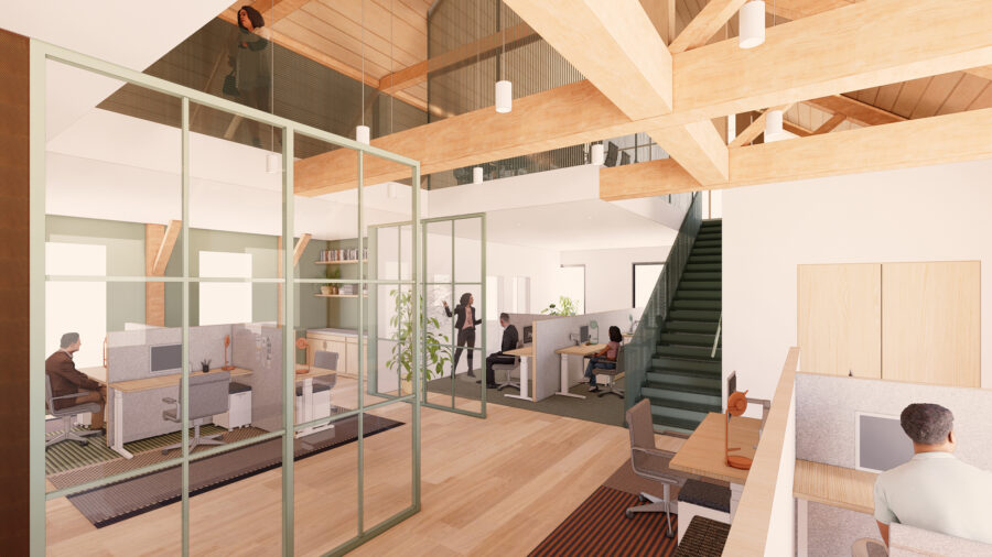 Workspace with existing heavy timber structure