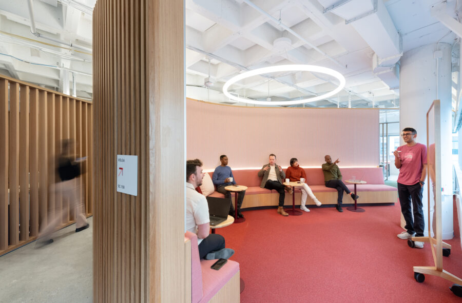 Informal presentation space with wood slats