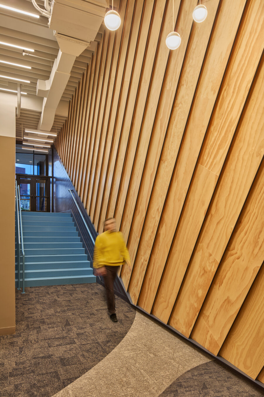 Slatted wood paneled entry with blue stairs