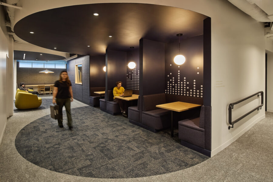 seating nooks with immersive curved blue ceiling