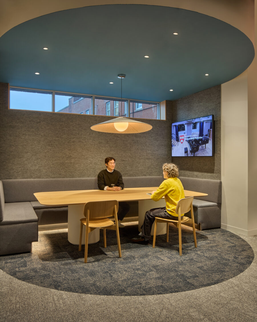 curved blue immersive lounge area