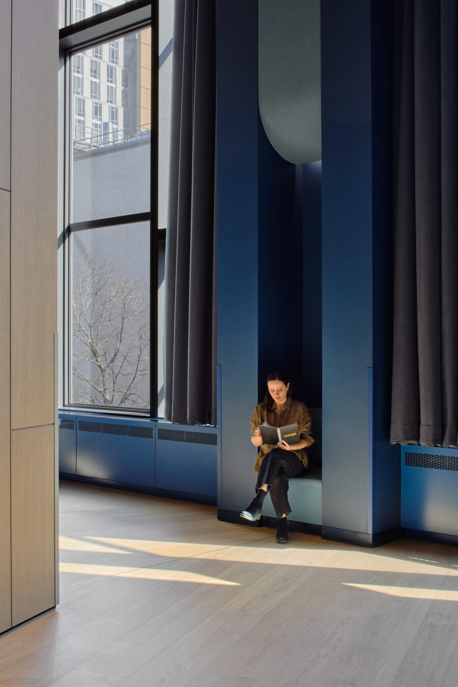 Ballroom seating nook immersive blue paint